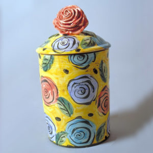 Lidded jar with flower, 1990 22 cm high Thrown in fine white earthenware with underglaze decoration