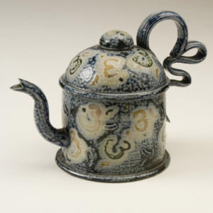 13. Salt Glazed teapot with extruded handle and sprigged decoration, 1990, H. 22cms