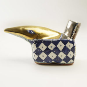 Pouring vessel or creamer, 2001 Tin-glazed earthenware with gold decoration 10 cm high, 19 cm wide